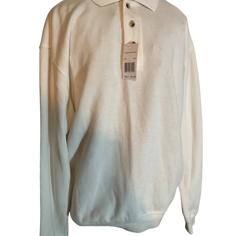 Siegfried & Company Men's Long Sleeve Polo Shirt Ivory Size L Ribbed Knit Casual